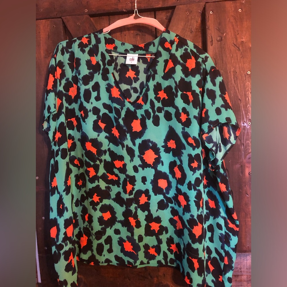 CAbi Green and Orange Leopard Print Blouse